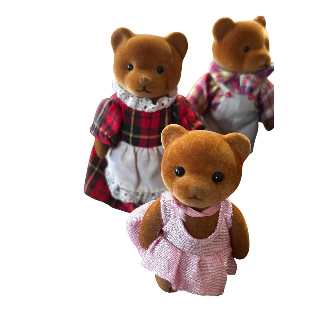 Vintage‎ Applause Flocked Bear Family Set 5 Figures 1980s Retro Toys Brown Red